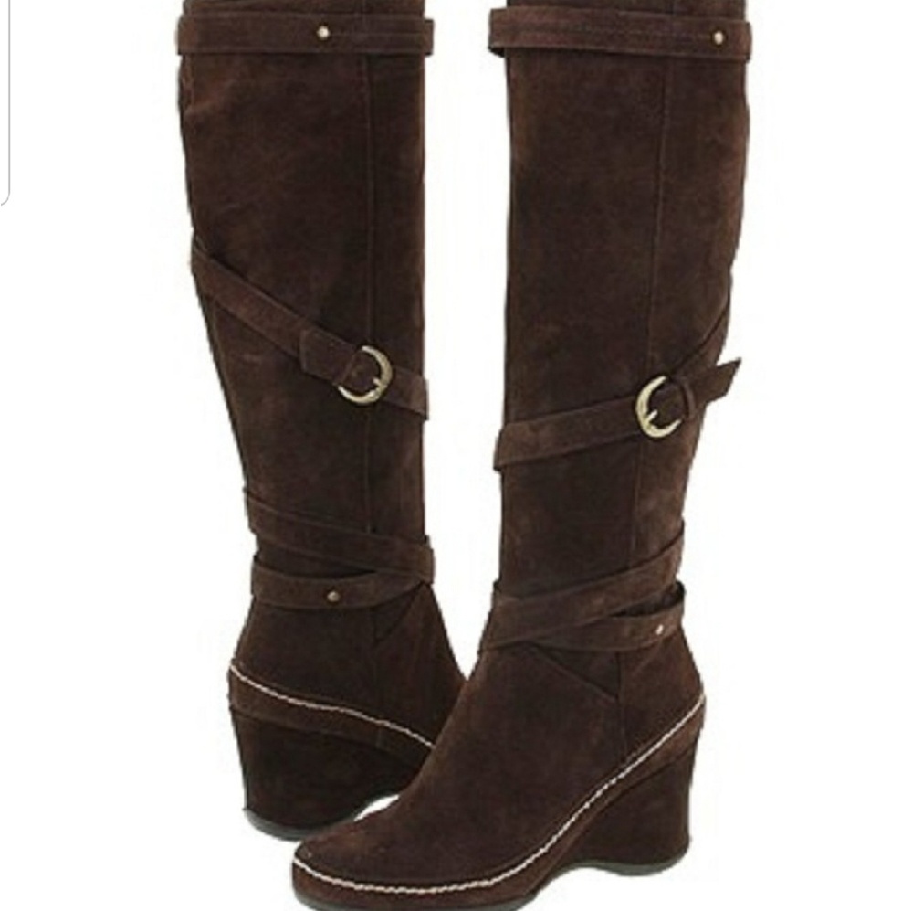 Brown suede knee-high wedge boots